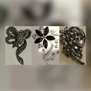 Vintage Black Silver Rhinestone Brooch Bundle • Bow Floral Pearl • 3 Pc
